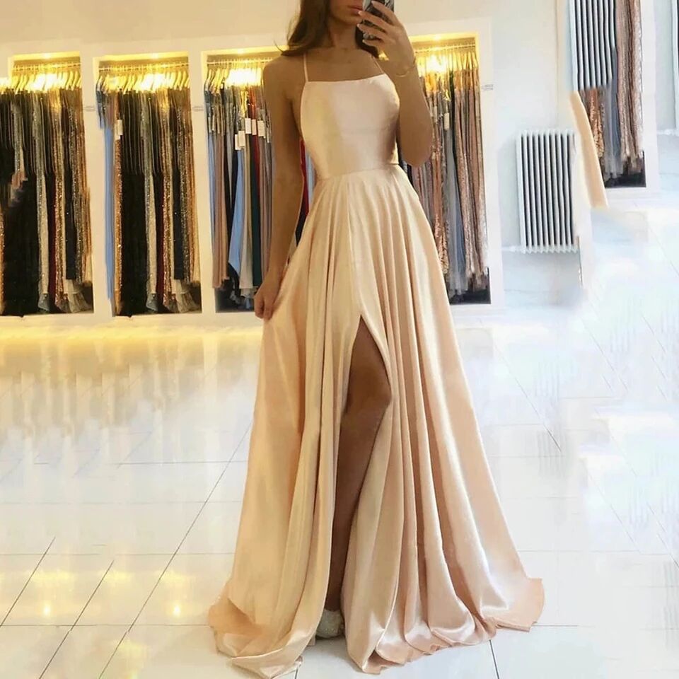 Elegant Evening Glossy Satin Sling Maxi Prom Dress