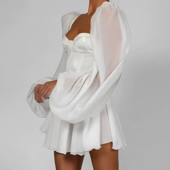 Chiffon Bodycon Lantern Sleeve White Dress