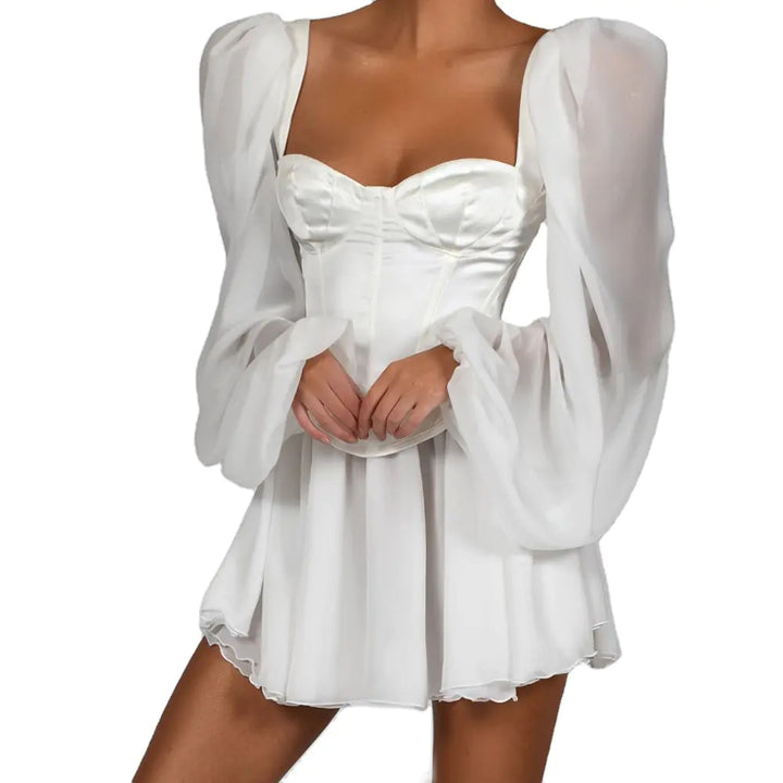 Chiffon Bodycon Lantern Sleeve White Dress
