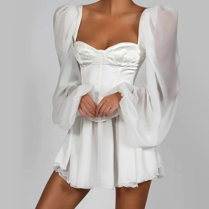 Chiffon Bodycon Lantern Sleeve White Dress