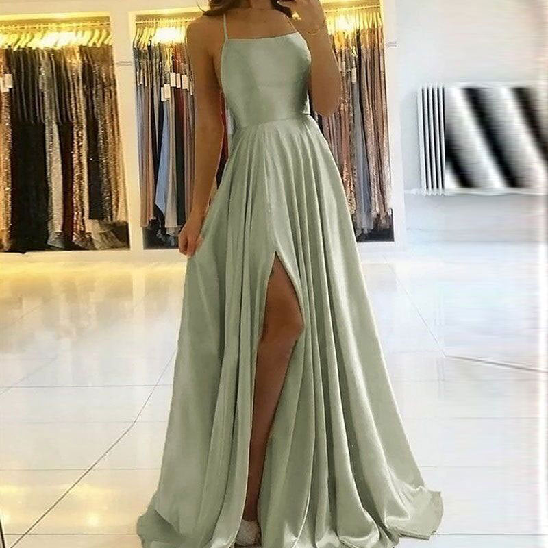 Elegant Evening Glossy Satin Sling Maxi Prom Dress