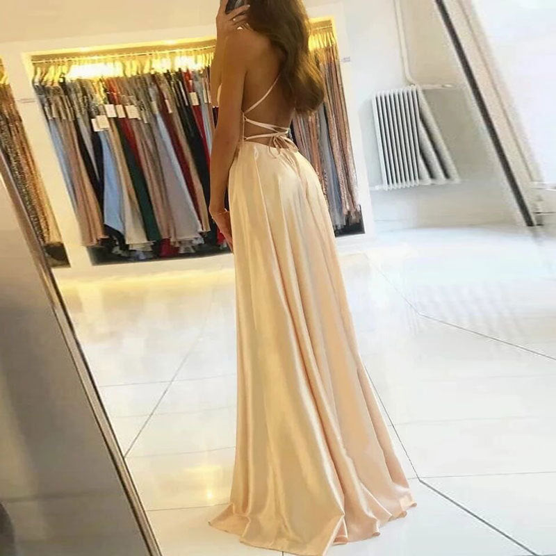Elegant Evening Glossy Satin Sling Maxi Prom Dress