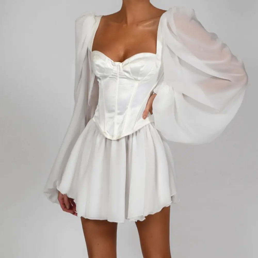 Chiffon Bodycon Lantern Sleeve White Dress